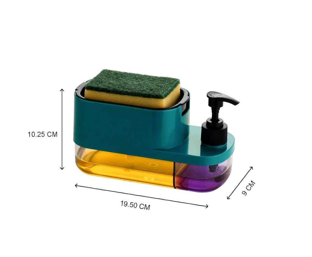 Wacky® 2-in-1 Dual Chamber Dishwash Liquid Dispenser with Sponge Holder & Handwash Pump | Compact Kitchen Sink Organizer Caddy Set | Soap Pump Dispenser for Countertop (Teal Blue)