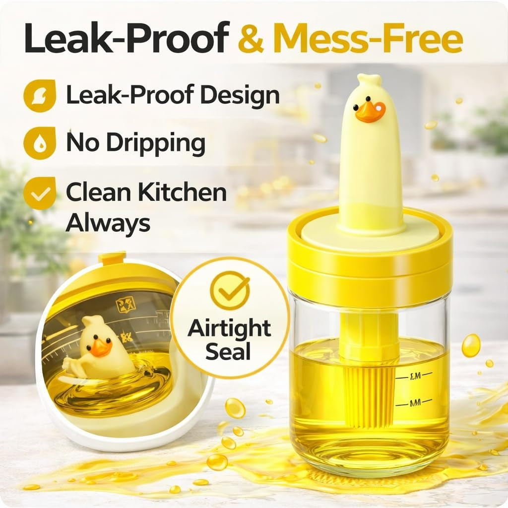 Wacky® Cute Duck Oil Dispenser Bottle with Silicone Brush 2-in-1 Oil Dispenser & Basting Brush Leak-Proof Kitchen Oil Bottle for Cooking, BBQ & Baking - 200ml (pck of 2)