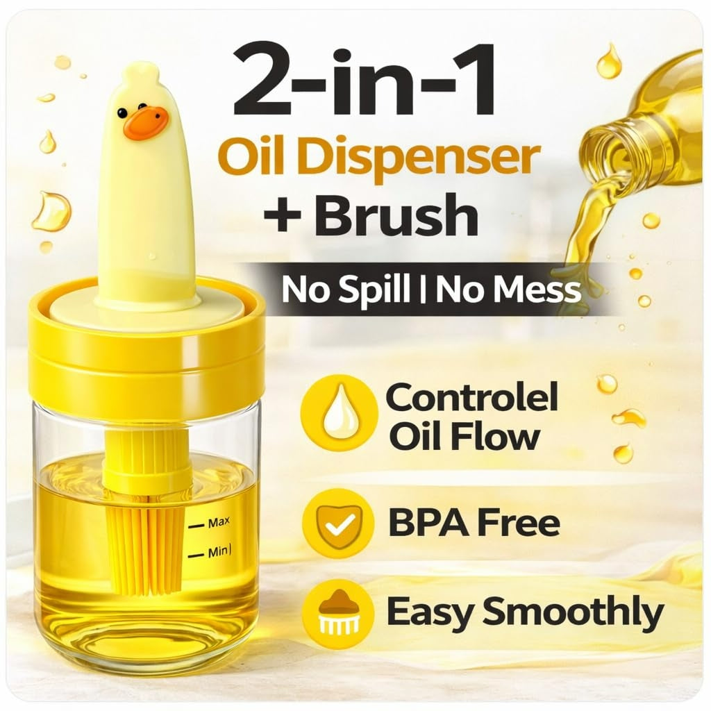 Wacky® Cute Duck Oil Dispenser Bottle with Silicone Brush 2-in-1 Oil Dispenser & Basting Brush Leak-Proof Kitchen Oil Bottle for Cooking, BBQ & Baking - 200ml (pck of 2)