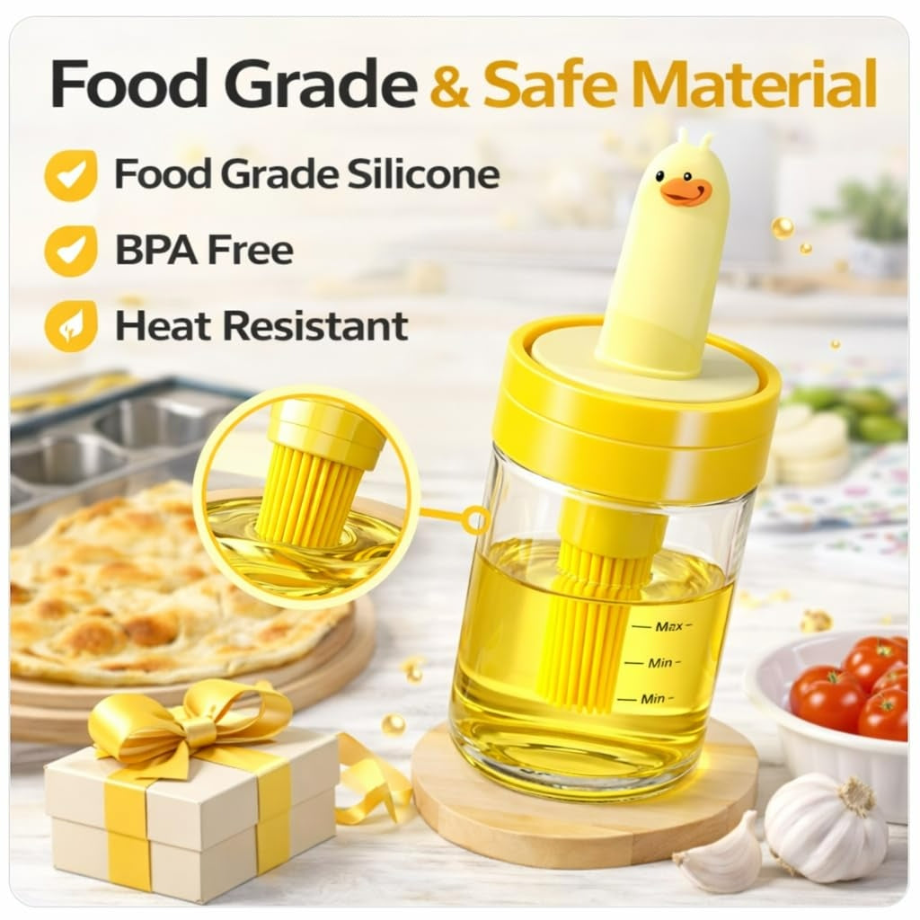 Wacky® Cute Duck Oil Dispenser Bottle with Silicone Brush 2-in-1 Oil Dispenser & Basting Brush Leak-Proof Kitchen Oil Bottle for Cooking, BBQ & Baking - 200ml (pck of 2)