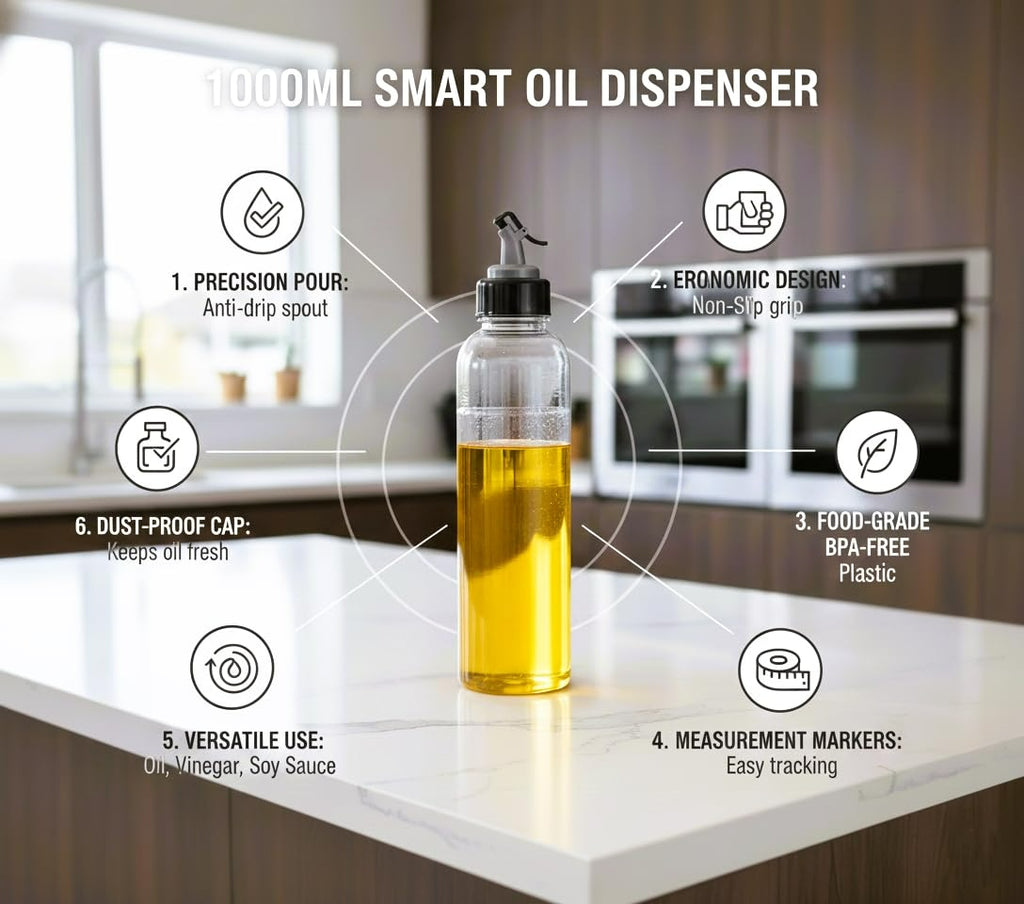 Wacky® 1000ml Smart Cooking Oil Dispenser Bottle (Pack of 2) | Leakproof Clear Plastic Cruet Jar with Measurement Markings & Flip Cap | Olive Oil, Vinegar & Soy Sauce Pourer for Kitchen (Set of 2)