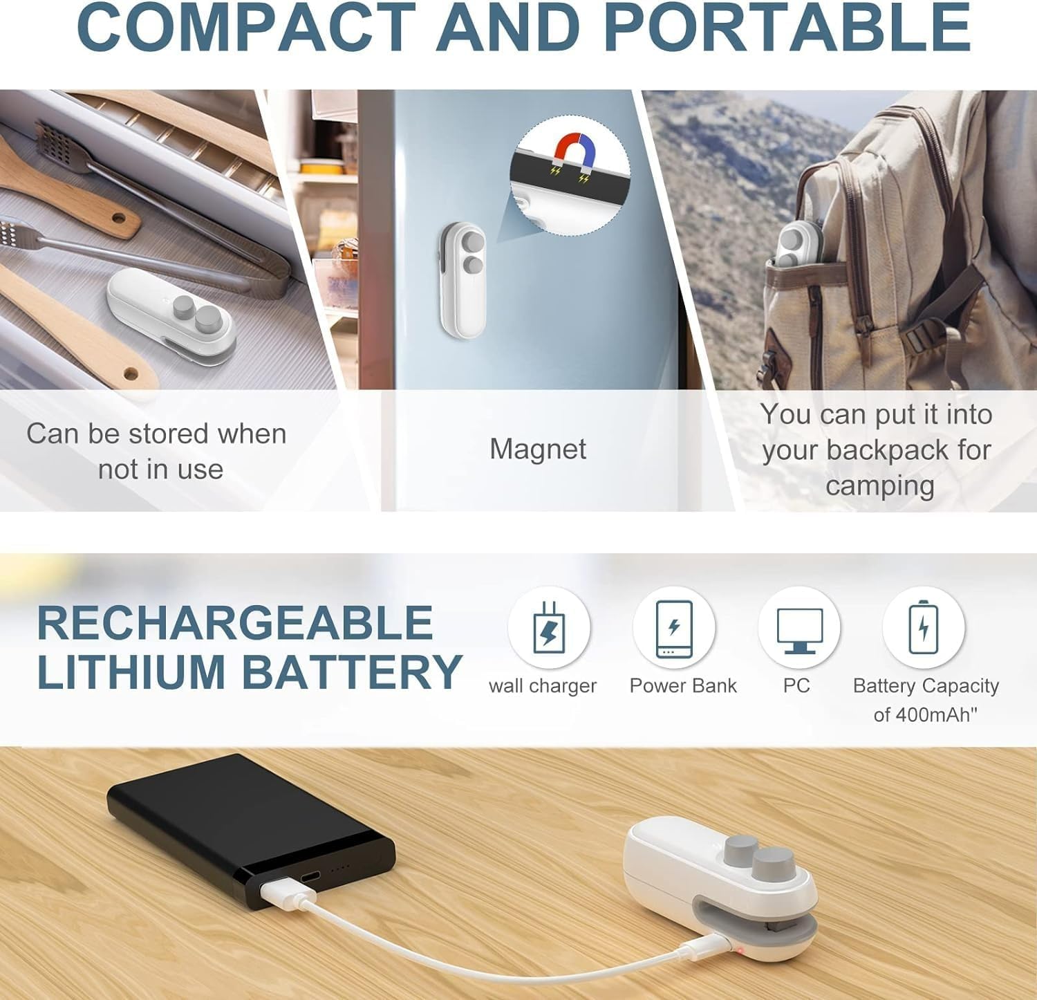 Wacky® Mini Bag Sealer, USB Rechargeable Handheld Vacuum Sealer for Food Storage, Portable Heat Sealing Machine(Pack of 1)