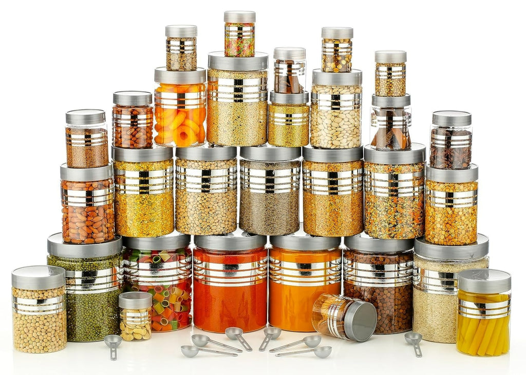 Wacky® 24-Piece Premium Plastic Kitchen Container Set with Spoons | Airtight Grocery Storage Jar Combo for Spices, Pulses, Dal & Snacks | Food-Grade, BPA-Free Modular Jar Set (Silver Lids)