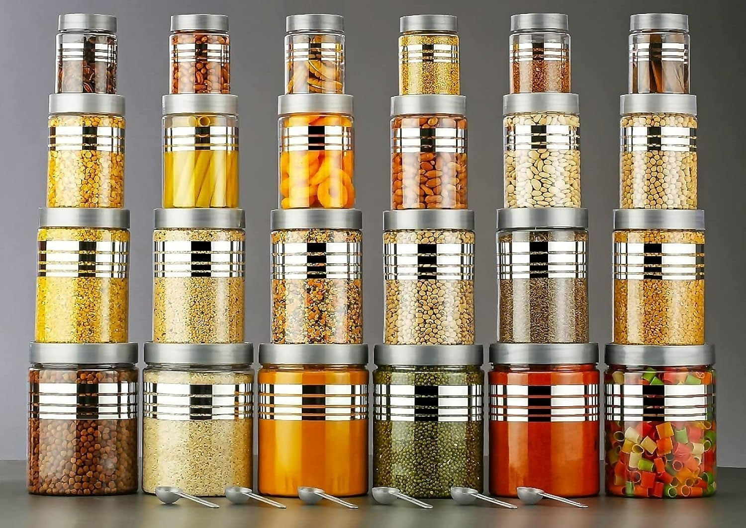 Wacky® 24-Piece Premium Plastic Kitchen Container Set with Spoons | Airtight Grocery Storage Jar Combo for Spices, Pulses, Dal & Snacks | Food-Grade, BPA-Free Modular Jar Set (Silver Lids)