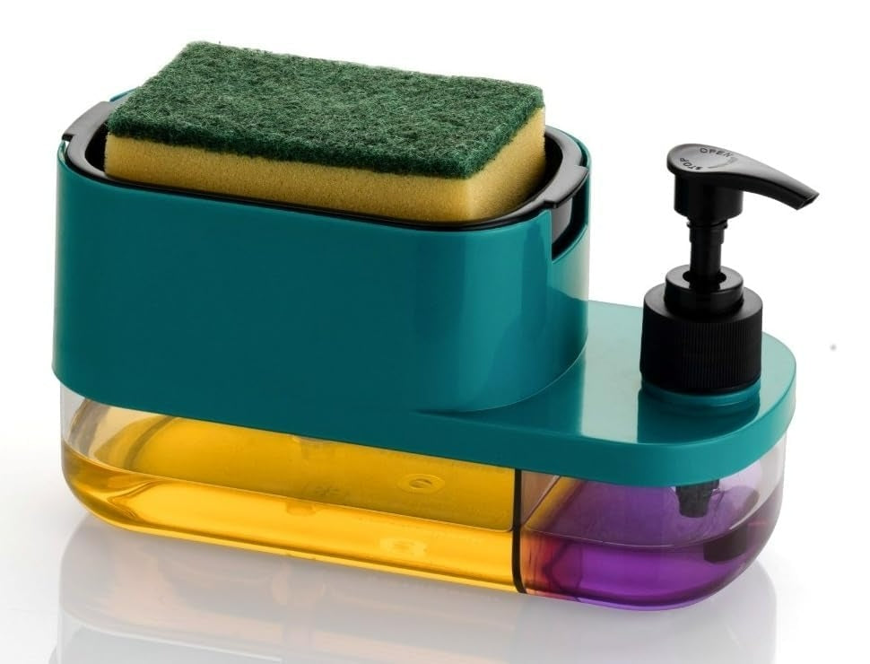 Wacky® 2-in-1 Dual Chamber Dishwash Liquid Dispenser with Sponge Holder & Handwash Pump | Compact Kitchen Sink Organizer Caddy Set | Soap Pump Dispenser for Countertop (Teal Blue)